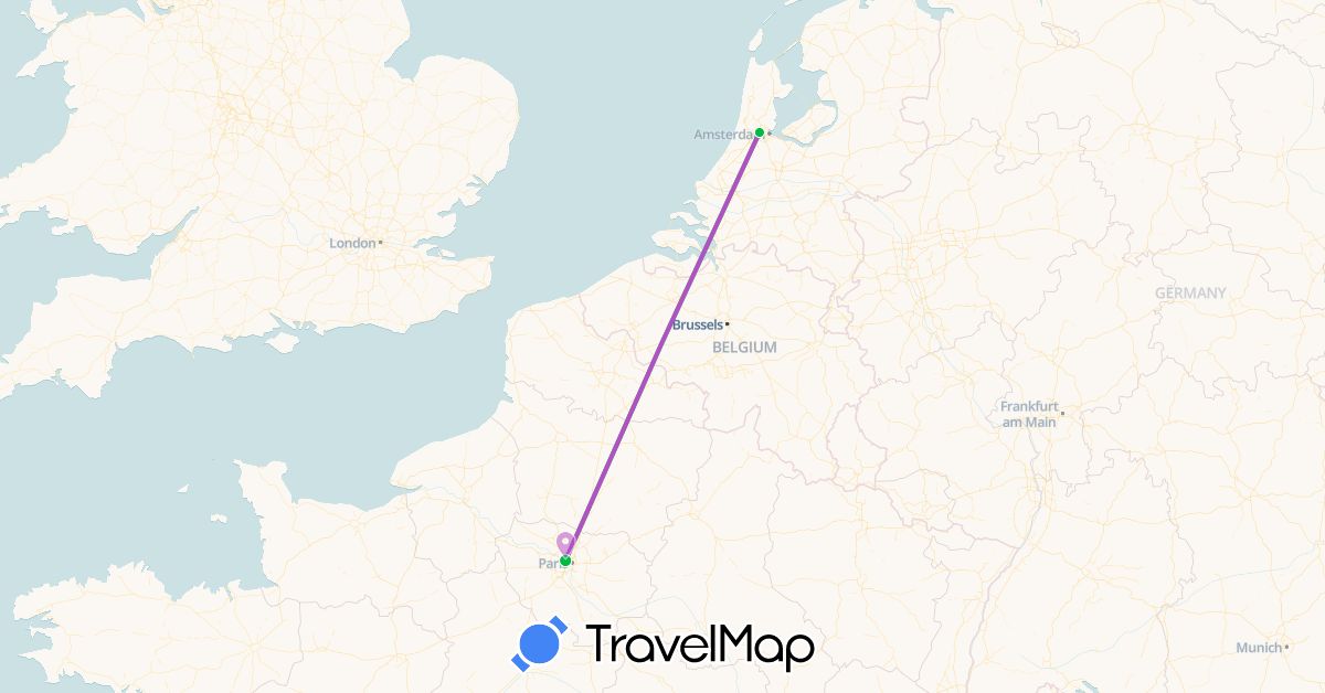 TravelMap itinerary: bus, train in Denmark, France, Netherlands (Europe)
